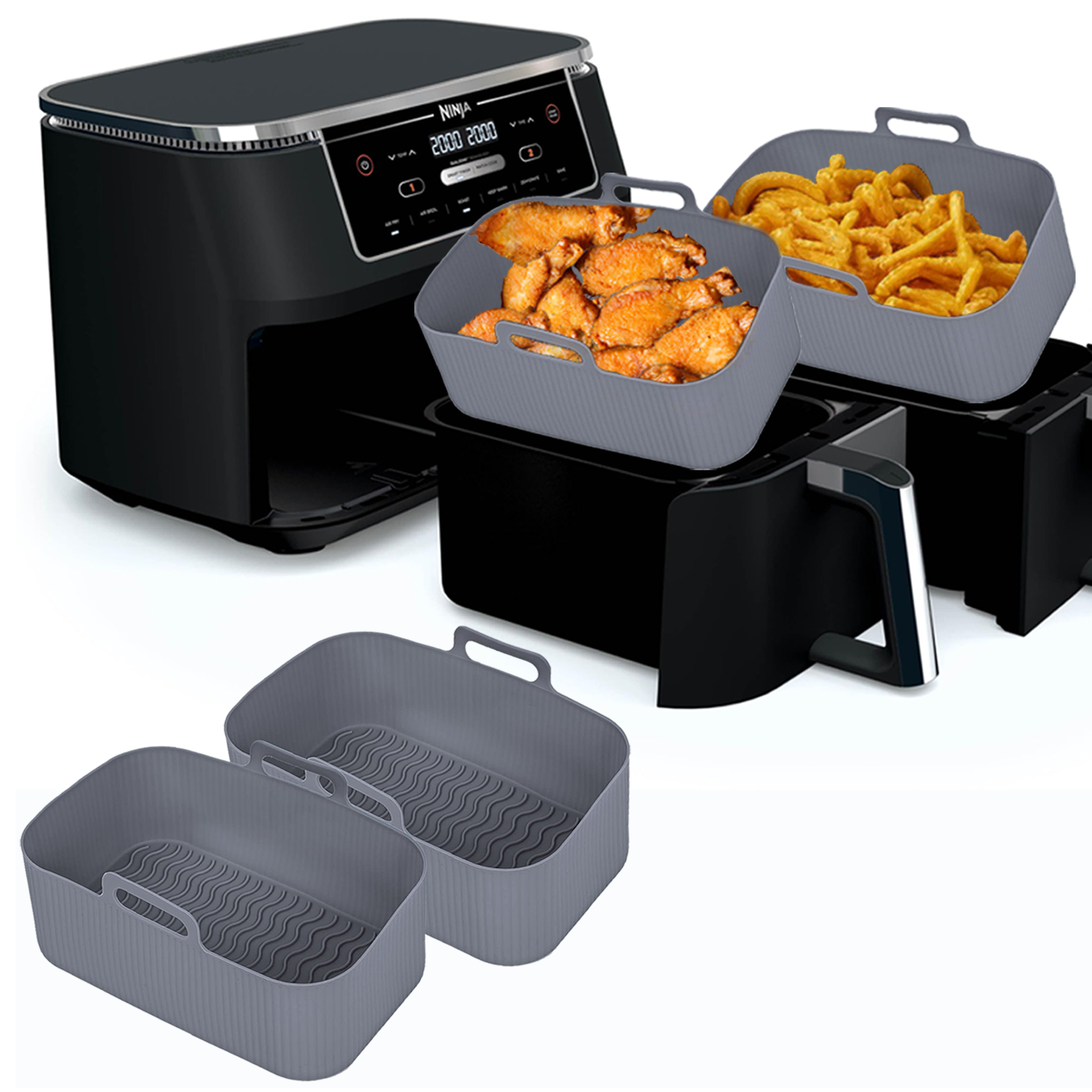 Silicone Air Fryer Liners for Ninja - Reusable 8 Qt Bowl for Foodi DZ201 Dual Basket Airfryer - Rectangular 2-pack 2025 Upgraded Food Safe Silicone Baking Tray Gray (Gray)