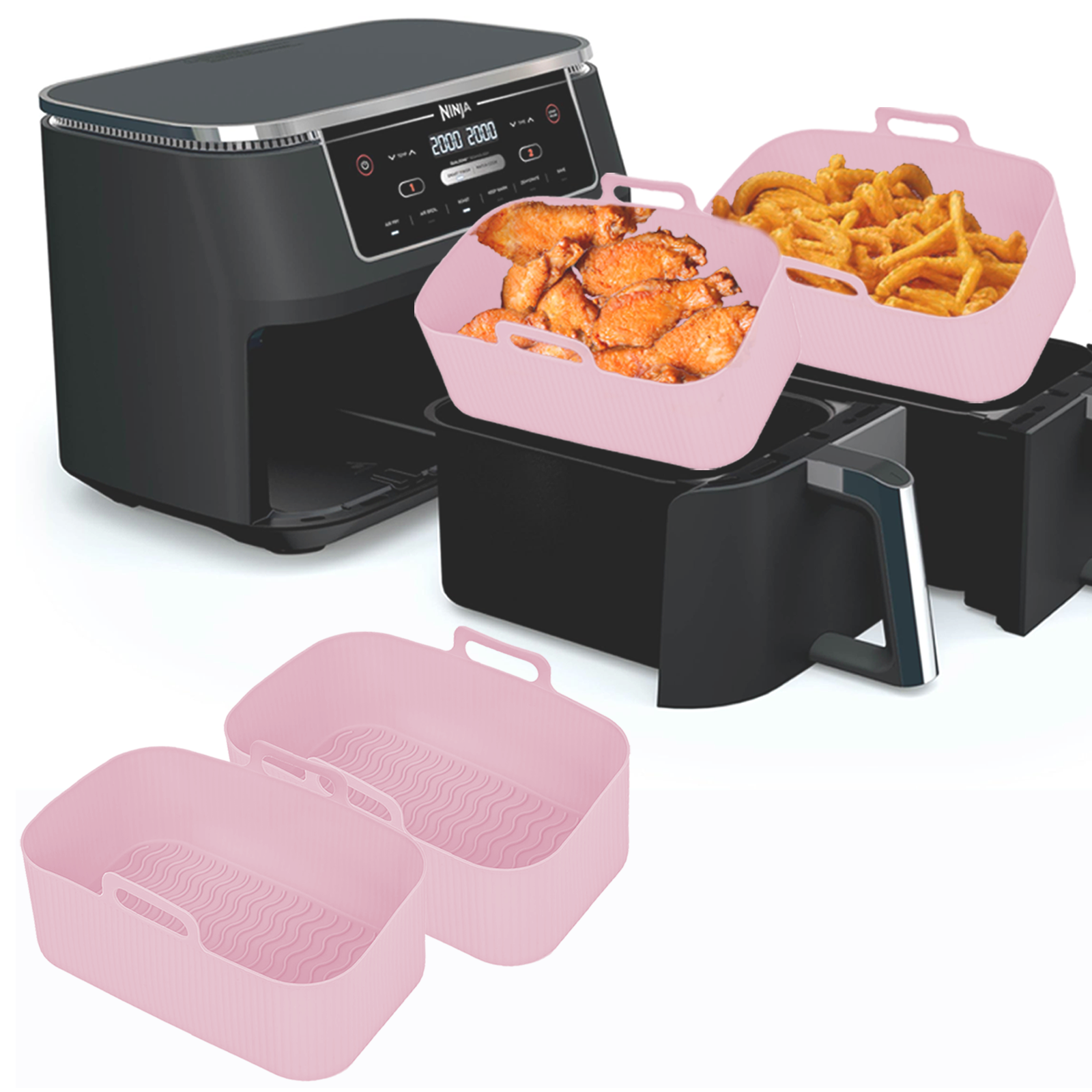Silicone Air Fryer Liners for Ninja - Reusable 8 Qt Bowl for Foodi DZ201 Dual Basket Airfryer - Rectangular 2-pack 2025 Upgraded Food Safe Silicone Baking Tray Pink (PINK)