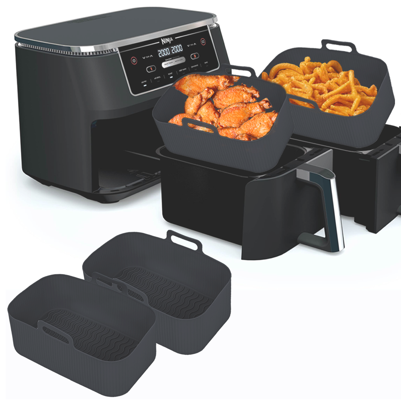 Silicone Air Fryer Liners for Ninja - Reusable 8 Qt Bowl for Foodi DZ201 Dual Basket Airfryer - Rectangular 2-pack 2025 Upgraded Food Safe Silicone Baking Tray Black (BLACK)