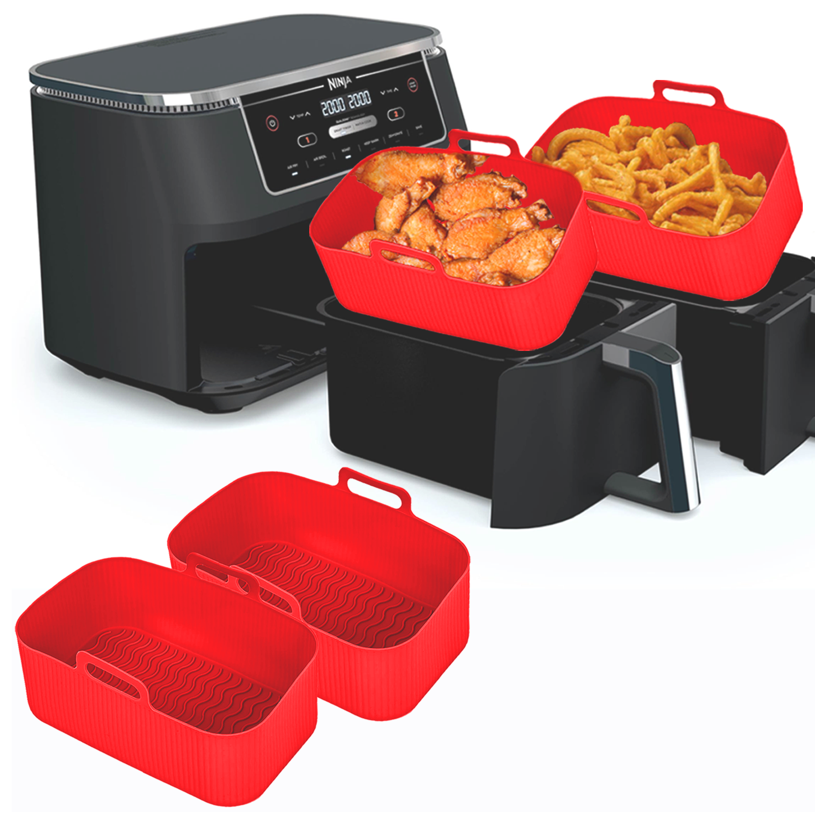 Silicone Air Fryer Liners for Ninja - Reusable 8 Qt Bowl for Foodi DZ201 Dual Basket Airfryer - Rectangular 2-pack 2025 Upgraded Food Safe Silicone Baking Tray Red (RED)