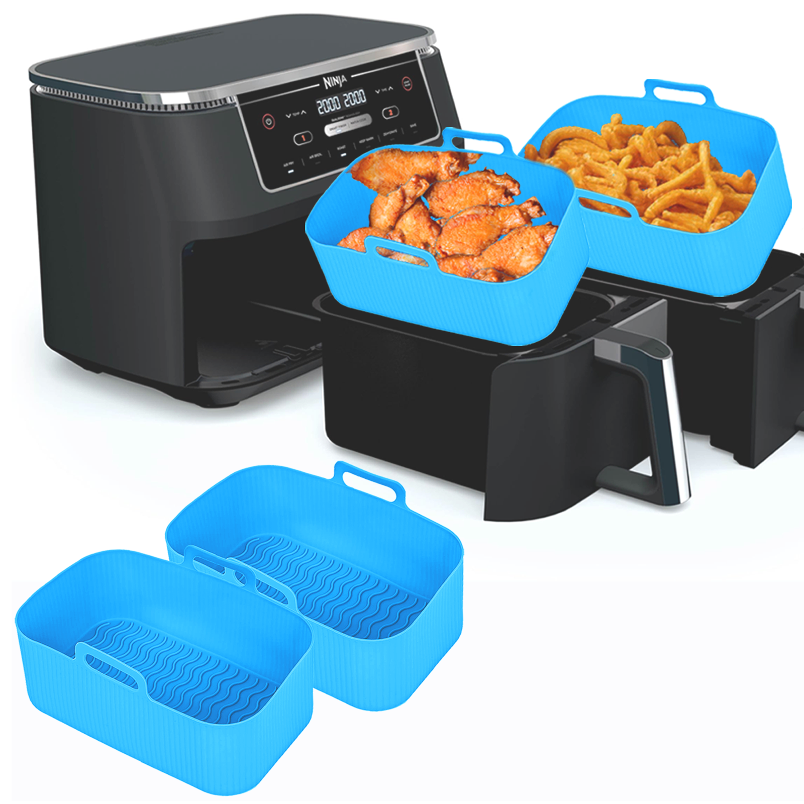 Silicone Air Fryer Liners for Ninja - Reusable 8 Qt Bowl for Foodi DZ201 Dual Basket Airfryer - Rectangular 2-pack 2025 Upgraded Food Safe Silicone Baking Tray Blue (BLUE)