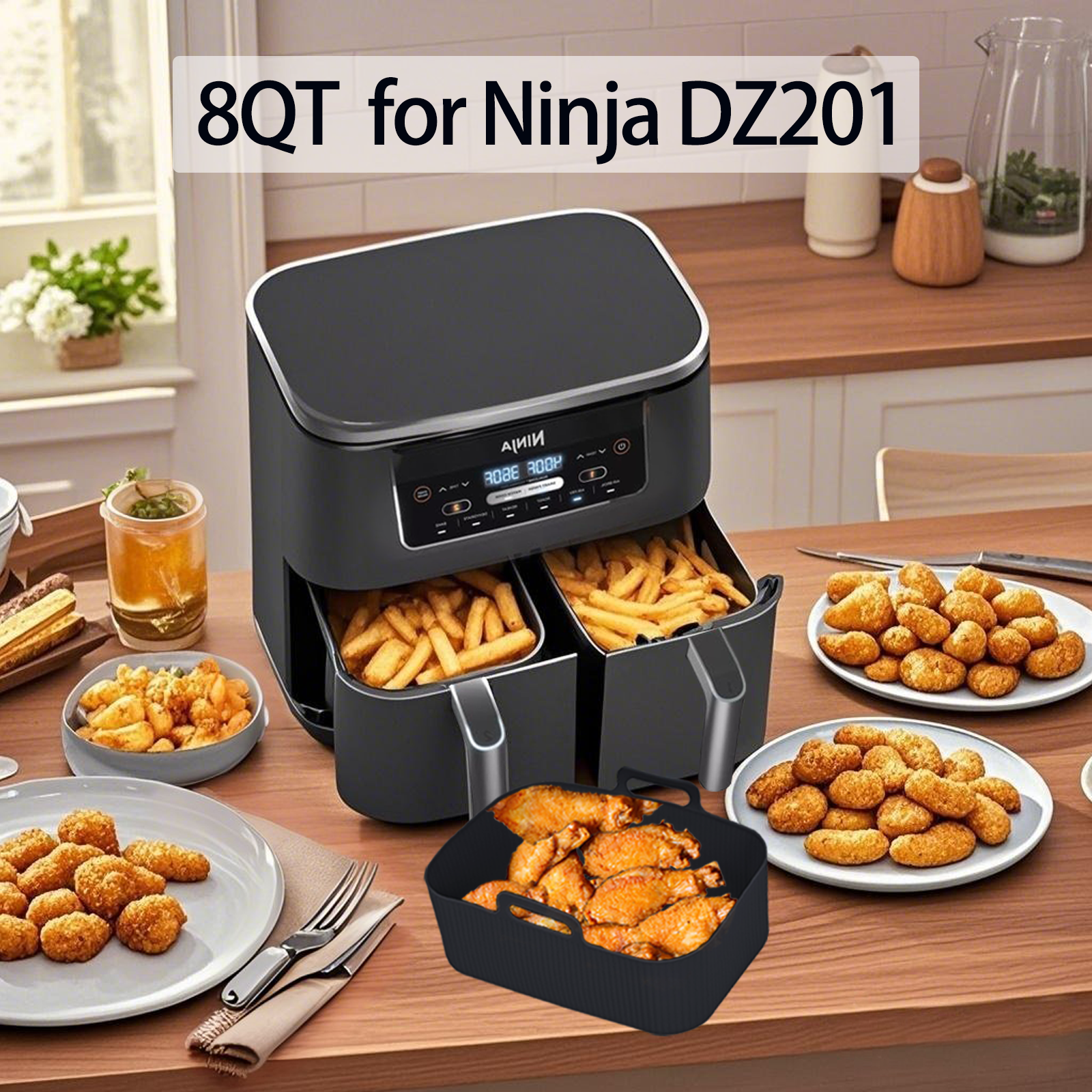 Silicone Air Fryer Liners for Ninja - Reusable 8 Qt Bowl for Foodi DZ201 Dual Basket Airfryer - Rectangular 2-pack 2025 Upgraded Food Safe Silicone Baking Tray Black (BLACK)