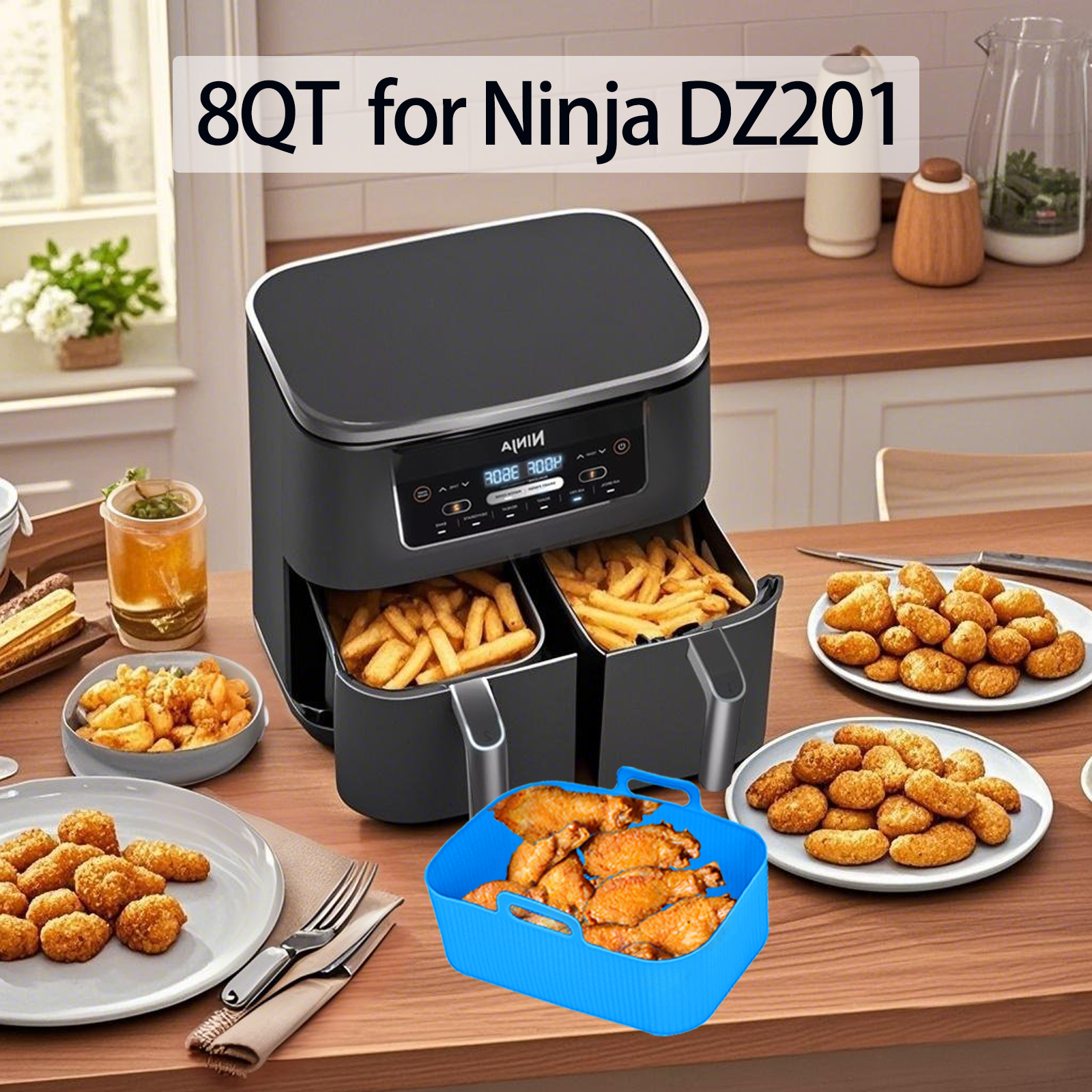 Silicone Air Fryer Liners for Ninja - Reusable 8 Qt Bowl for Foodi DZ201 Dual Basket Airfryer - Rectangular 2-pack 2025 Upgraded Food Safe Silicone Baking Tray Blue (BLUE)