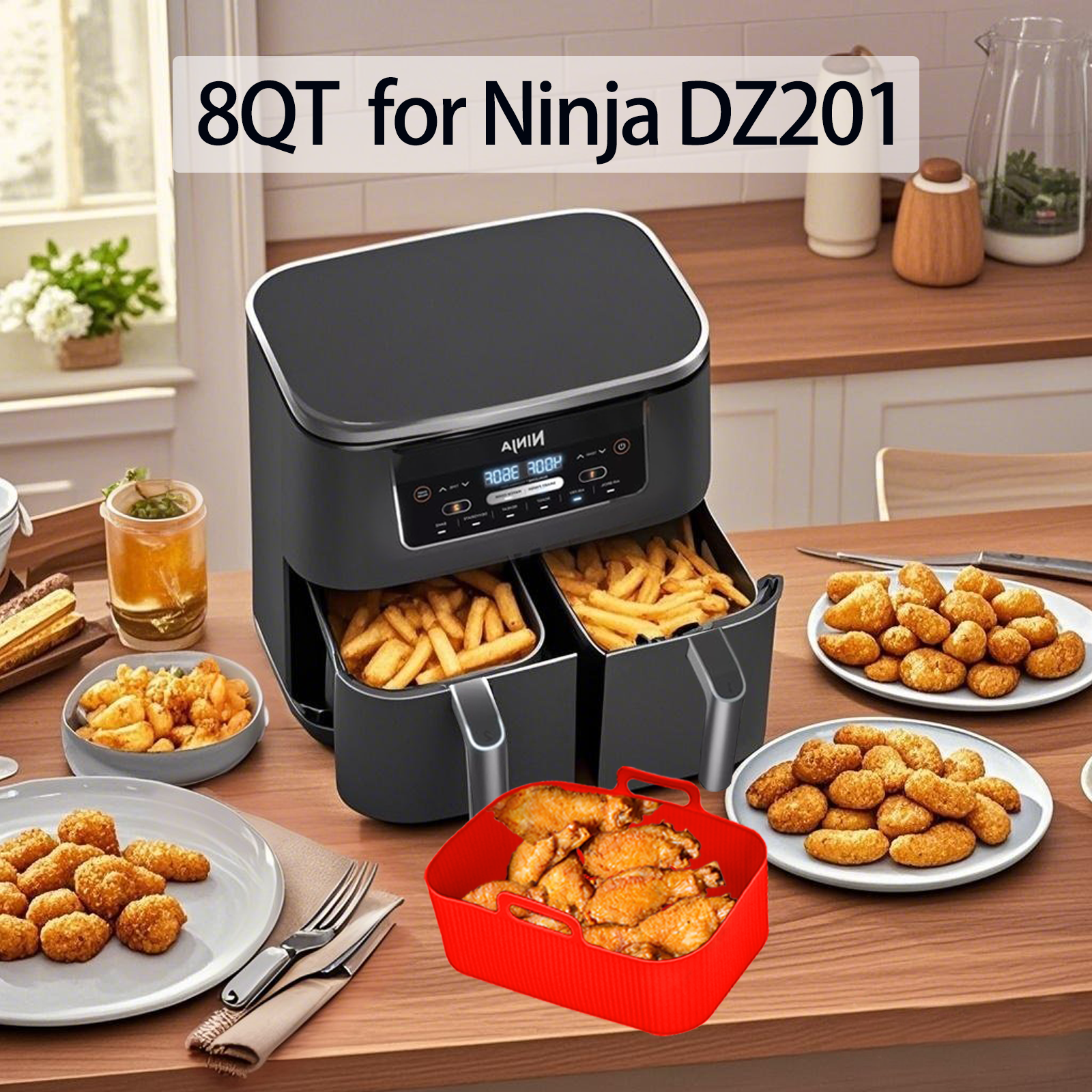 Silicone Air Fryer Liners for Ninja - Reusable 8 Qt Bowl for Foodi DZ201 Dual Basket Airfryer - Rectangular 2-pack 2025 Upgraded Food Safe Silicone Baking Tray Red (RED)