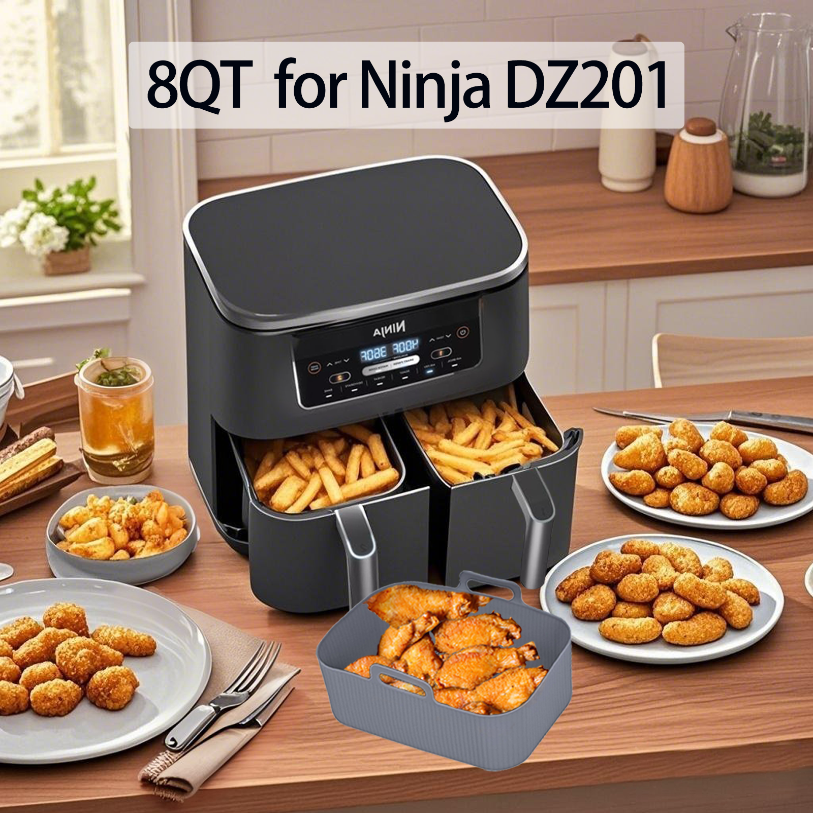 Silicone Air Fryer Liners for Ninja - Reusable 8 Qt Bowl for Foodi DZ201 Dual Basket Airfryer - Rectangular 2-pack 2025 Upgraded Food Safe Silicone Baking Tray Gray (Gray)