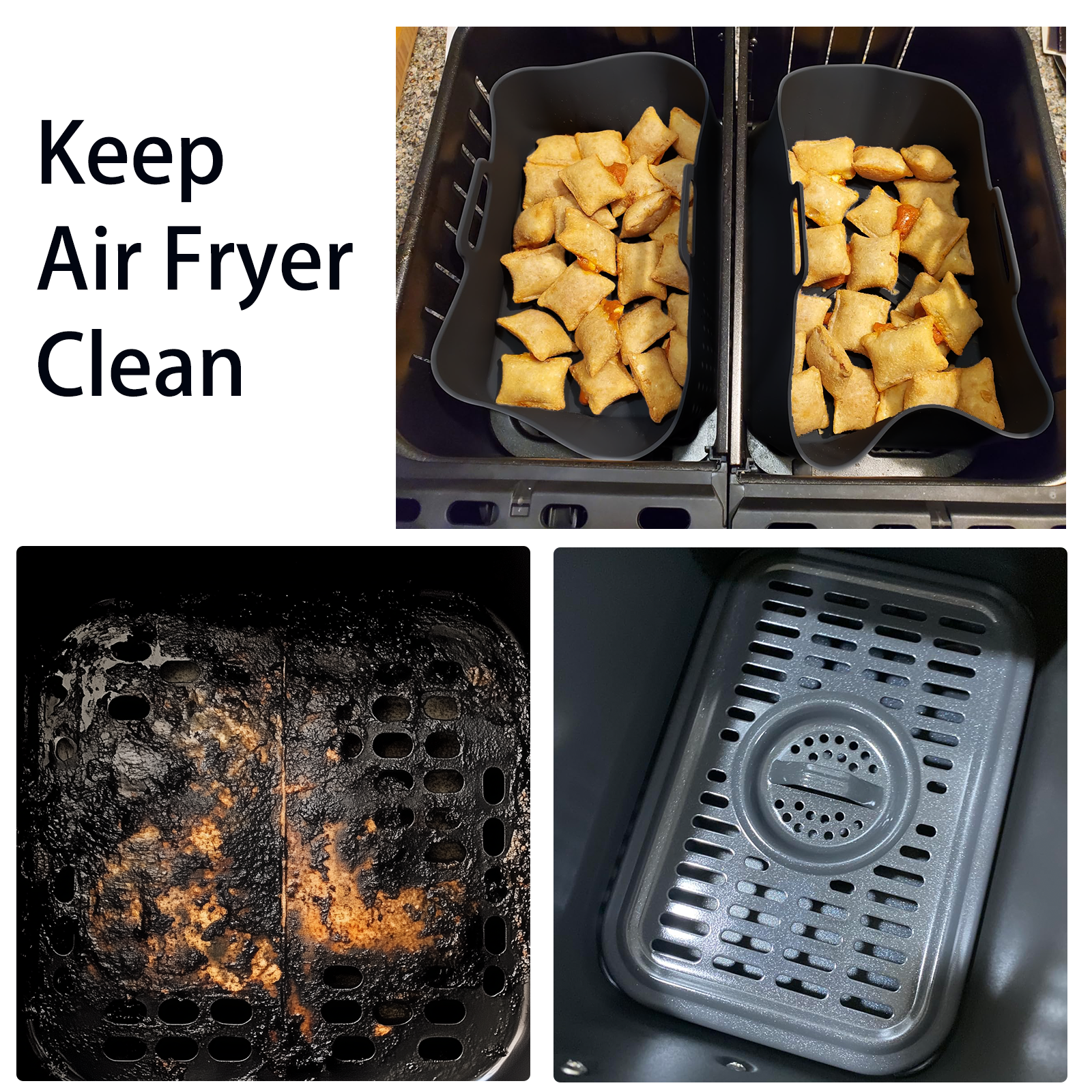 Silicone Air Fryer Liners for Ninja - Reusable 8 Qt Bowl for Foodi DZ201 Dual Basket Airfryer - Rectangular 2-pack 2025 Upgraded Food Safe Silicone Baking Tray Black (BLACK)