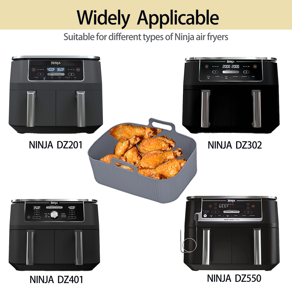 Silicone Air Fryer Liners for Ninja - Reusable 8 Qt Bowl for Foodi DZ201 Dual Basket Airfryer - Rectangular 2-pack 2025 Upgraded Food Safe Silicone Baking Tray Gray (Gray)