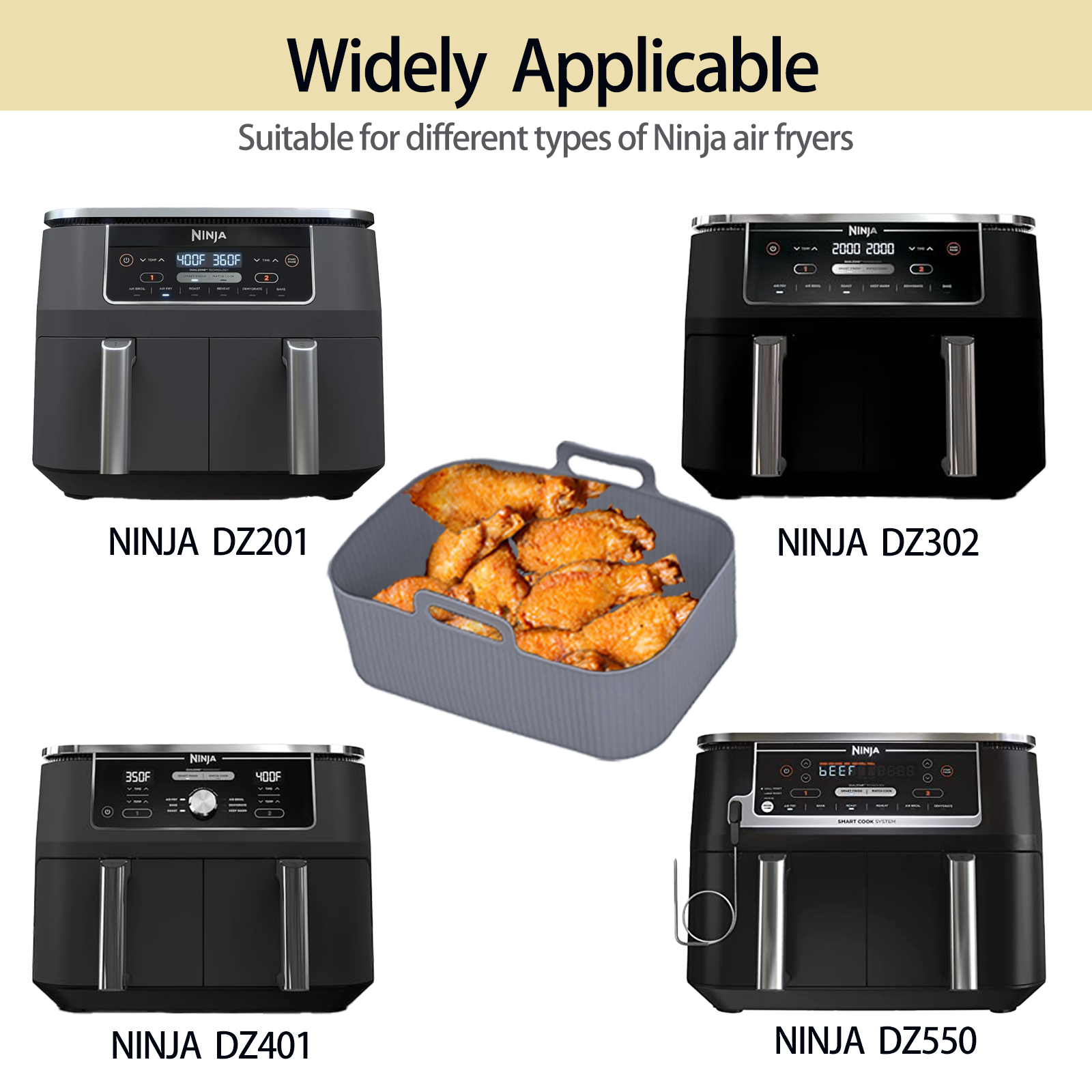 Silicone Air Fryer Liners for Ninja - Reusable 8 Qt Bowl for Foodi DZ201 Dual Basket Airfryer - Rectangular 2-pack 2025 Upgraded Food Safe Silicone Baking Tray Gray (Gray)