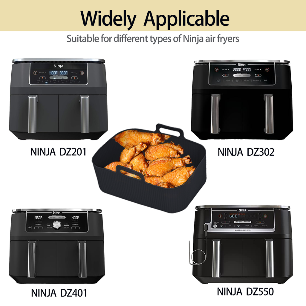 Silicone Air Fryer Liners for Ninja - Reusable 8 Qt Bowl for Foodi DZ201 Dual Basket Airfryer - Rectangular 2-pack 2025 Upgraded Food Safe Silicone Baking Tray Black (BLACK)