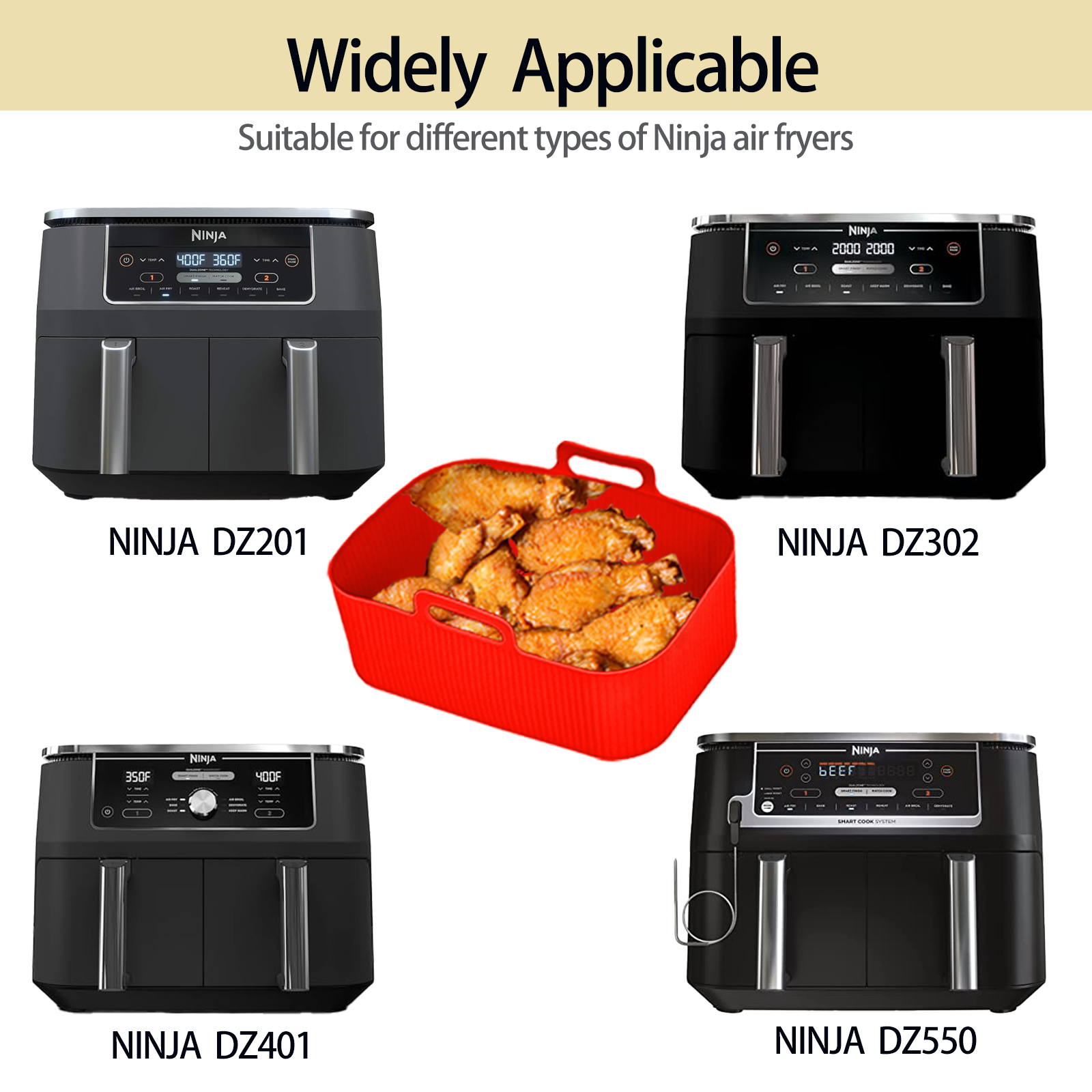 Silicone Air Fryer Liners for Ninja - Reusable 8 Qt Bowl for Foodi DZ201 Dual Basket Airfryer - Rectangular 2-pack 2025 Upgraded Food Safe Silicone Baking Tray Red (RED)