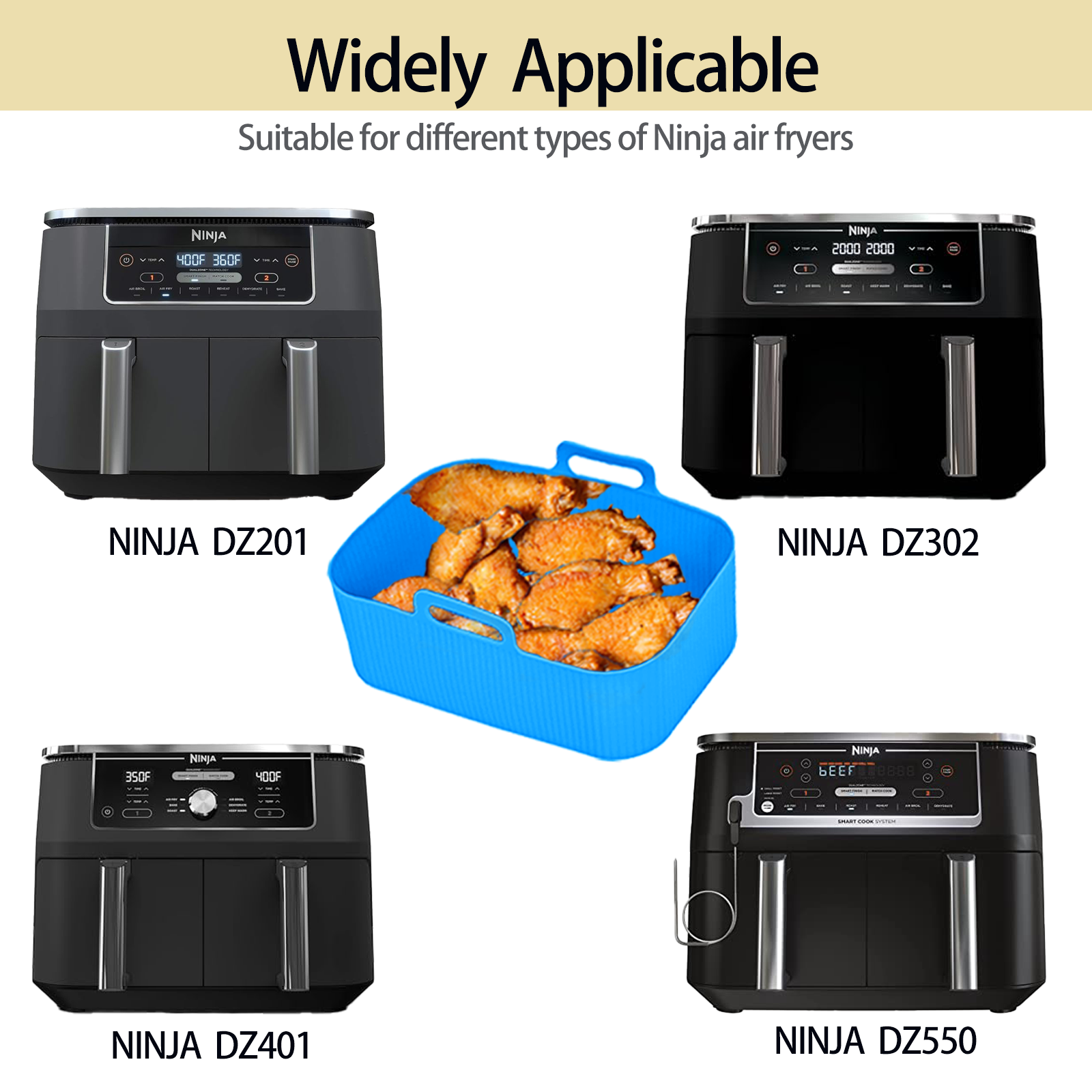 Silicone Air Fryer Liners for Ninja - Reusable 8 Qt Bowl for Foodi DZ201 Dual Basket Airfryer - Rectangular 2-pack 2025 Upgraded Food Safe Silicone Baking Tray Blue (BLUE)