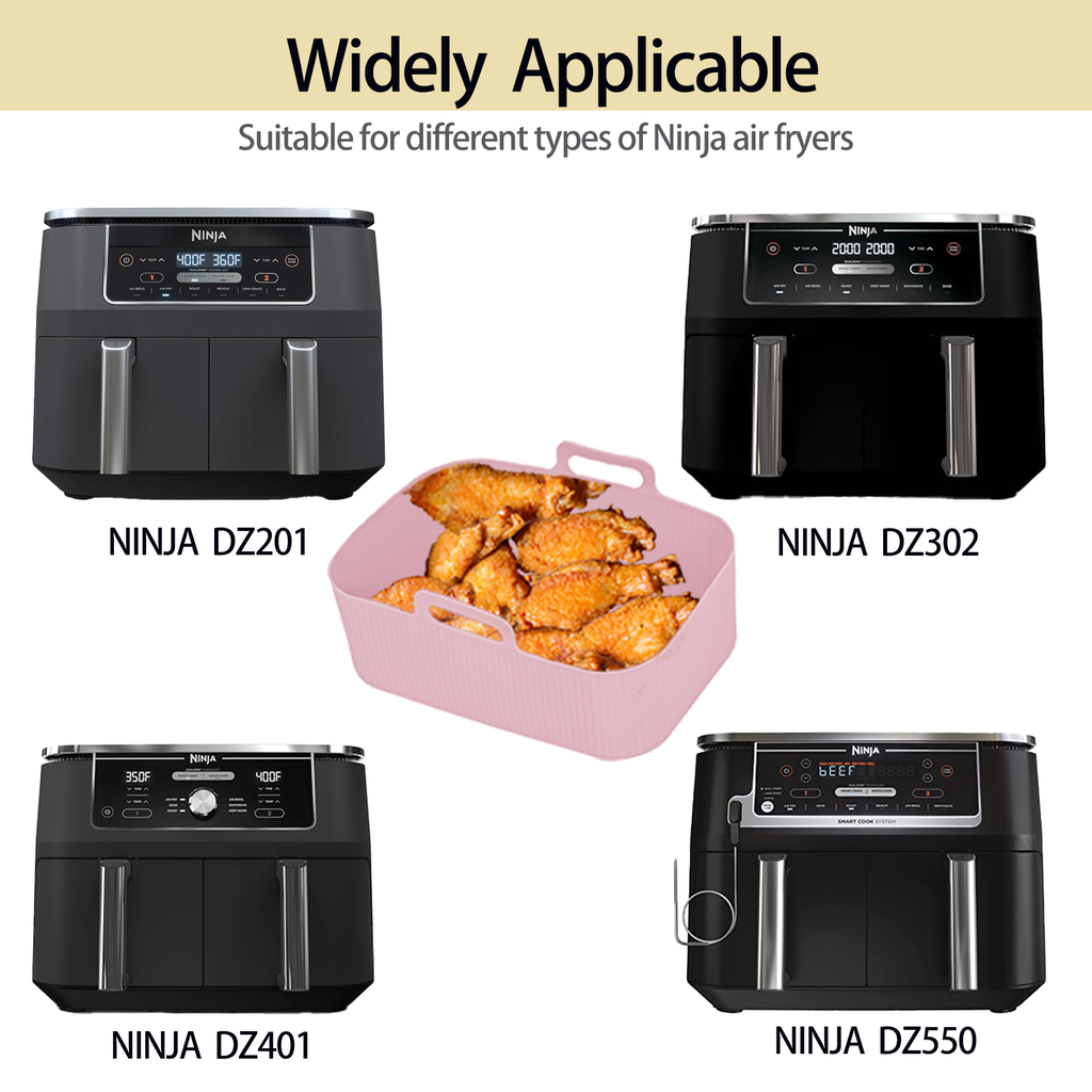 Silicone Air Fryer Liners for Ninja - Reusable 8 Qt Bowl for Foodi DZ201 Dual Basket Airfryer - Rectangular 2-pack 2025 Upgraded Food Safe Silicone Baking Tray Pink (PINK)