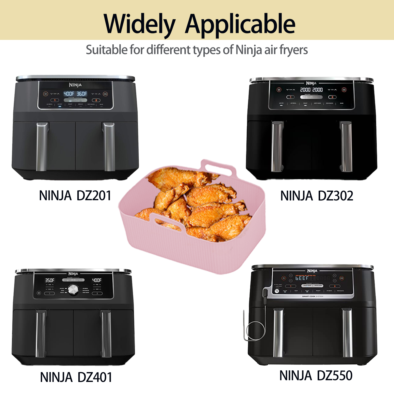 Silicone Air Fryer Liners for Ninja - Reusable 8 Qt Bowl for Foodi DZ201 Dual Basket Airfryer - Rectangular 2-pack 2025 Upgraded Food Safe Silicone Baking Tray Pink (PINK)